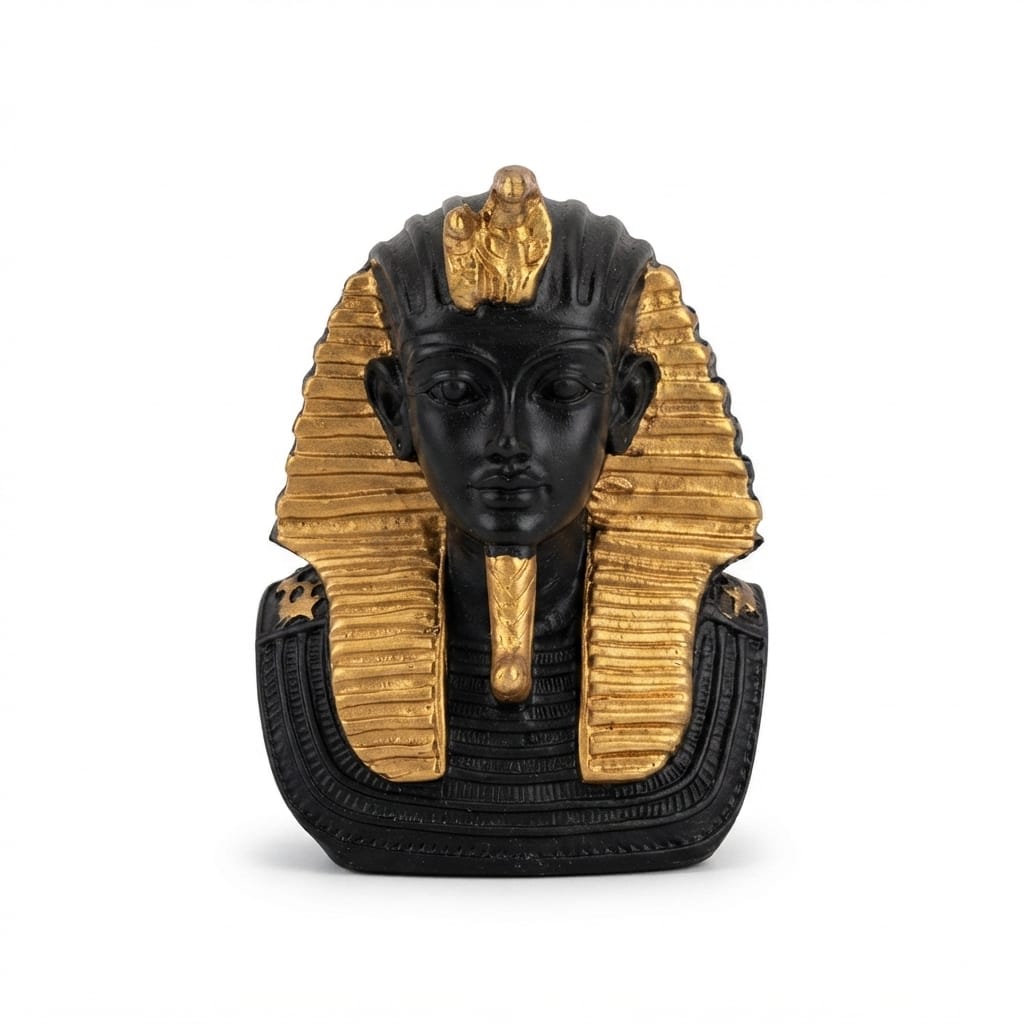 Matte black and gold King Tutankhamun bust figurine with a vulture and cobra headdress
