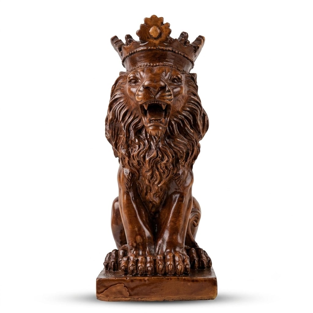 Dark Wood Finish Crowned Lion Figurine