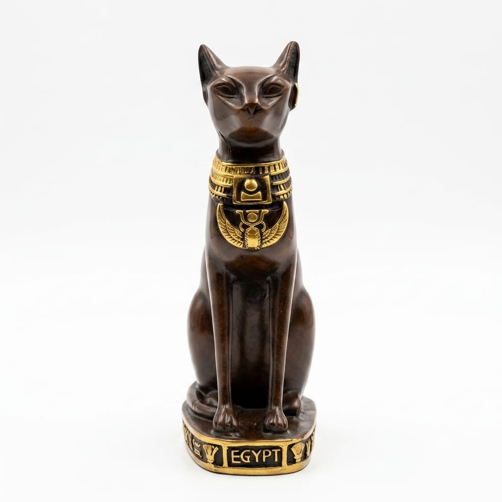 Classic Dark Bronze Bastet Cat Figurine with Gold Collar