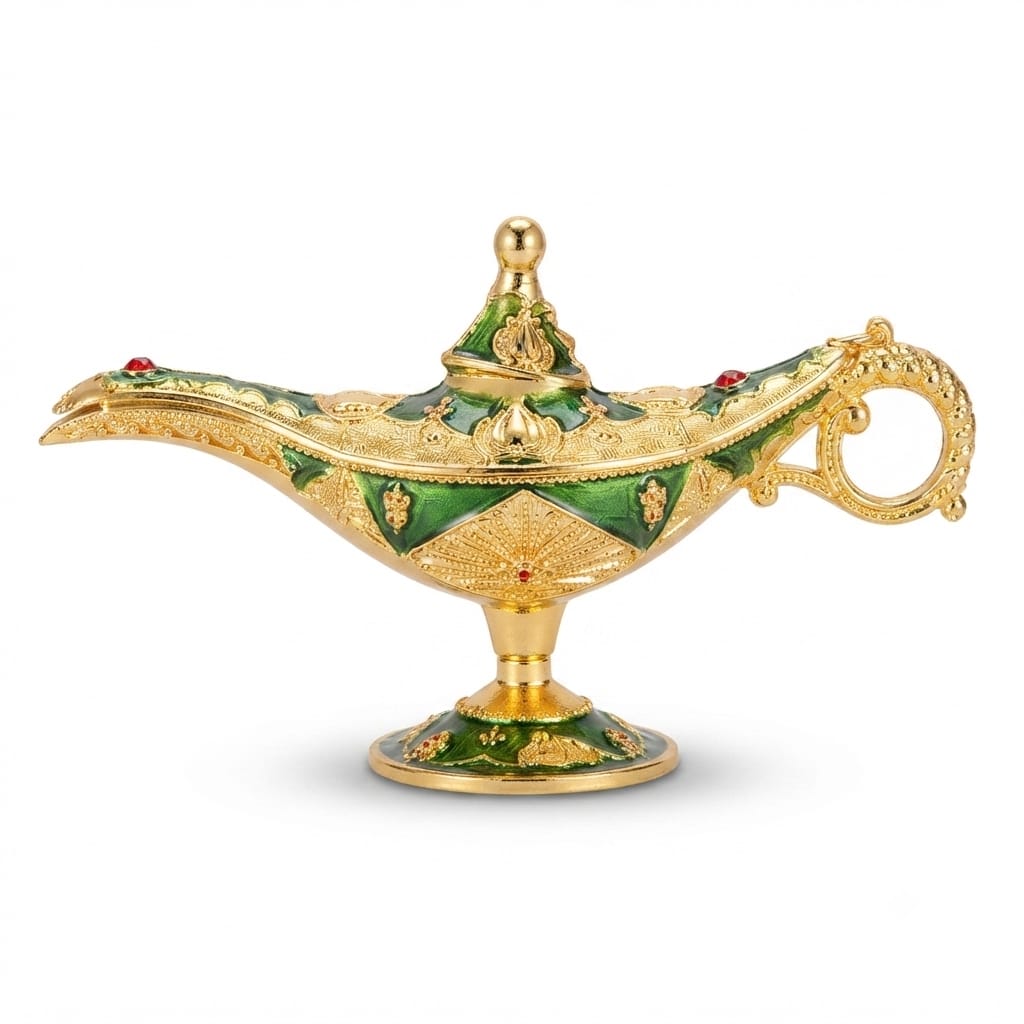 Gold and Green Enamel Aladdin Magic Lamp Figurine with Rhinestones