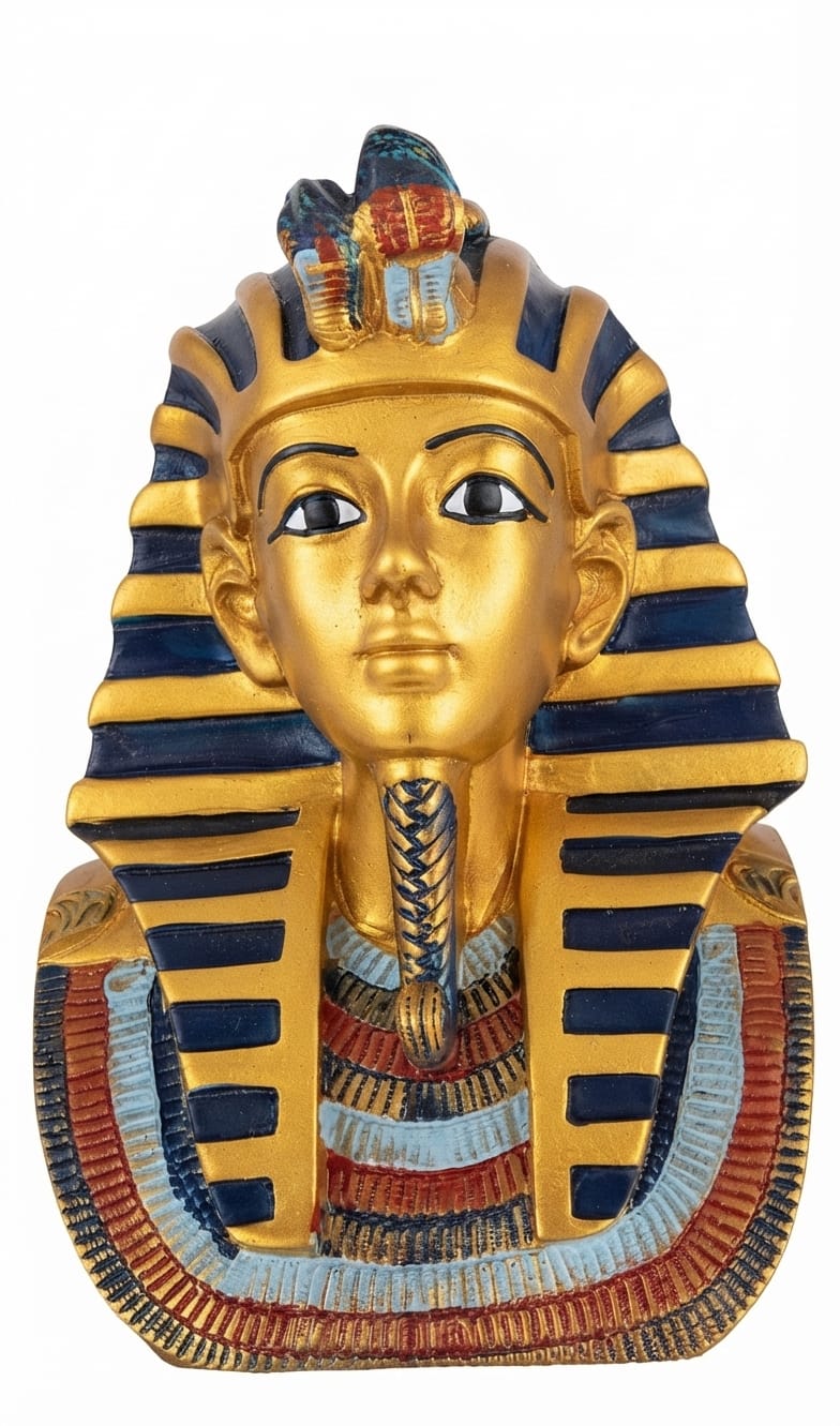 Gold bust of King Tutankhamun wearing the traditional blue-striped pharaonic nemes headdress