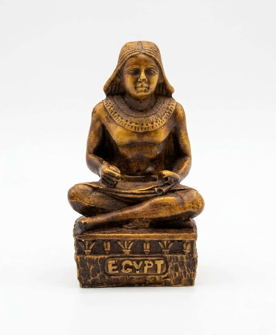 Gold and Black Ancient Egyptian Scribe Figurine with Scroll