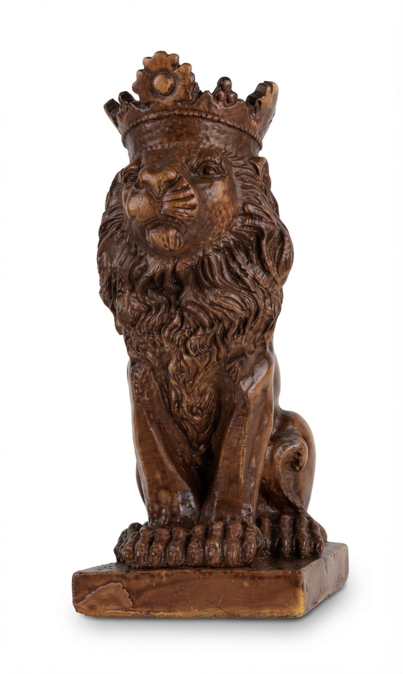 Brown Wooden-Finish Crowned Lion Figurine