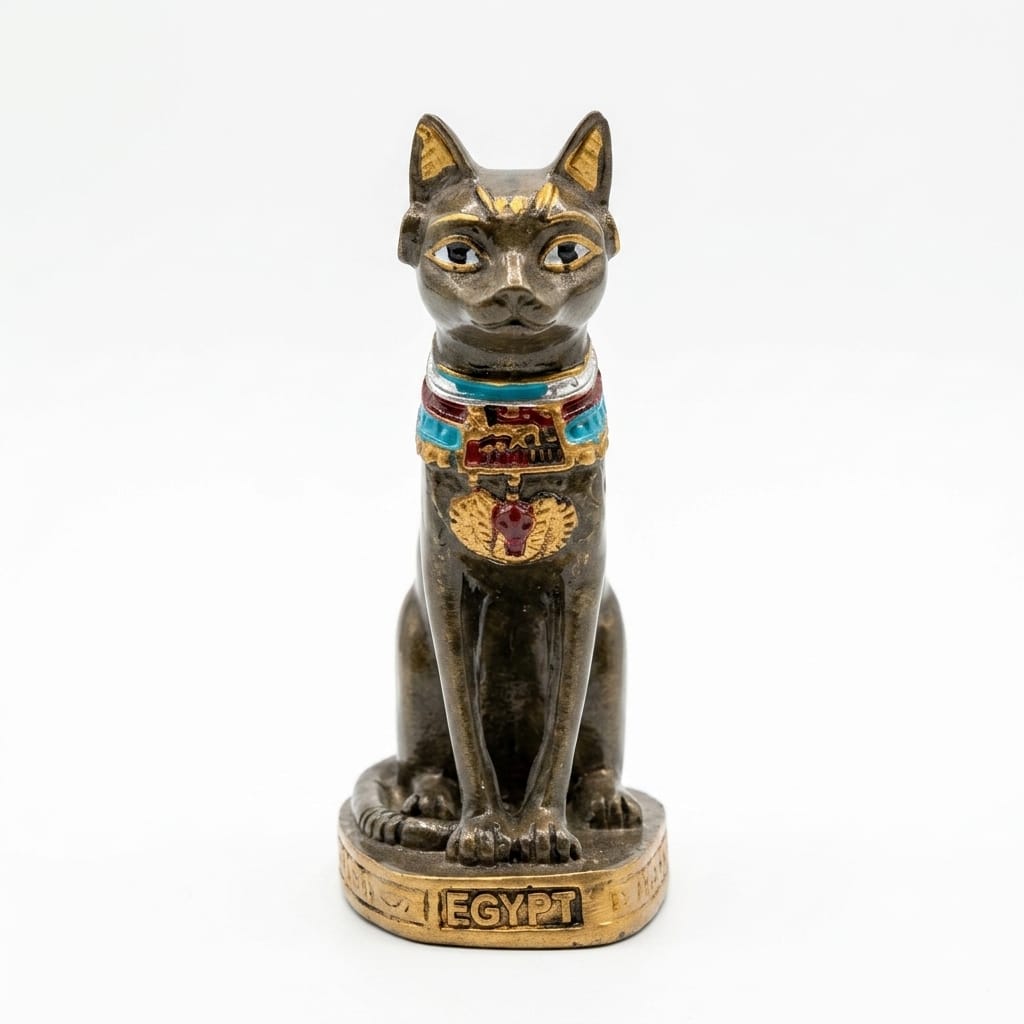 Dark Bronze Bastet Cat Figurine with Blue and Gold Collar