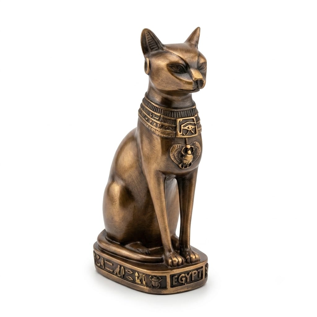 Classic Bronze Bastet Cat Figurine with Hieroglyph Base