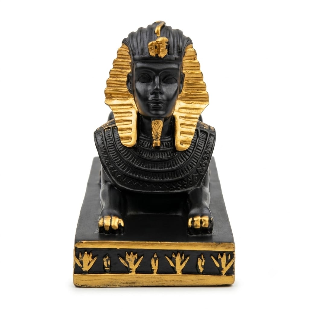 Matte Black and Gold Sphinx Figurine with Lotus Pedestal