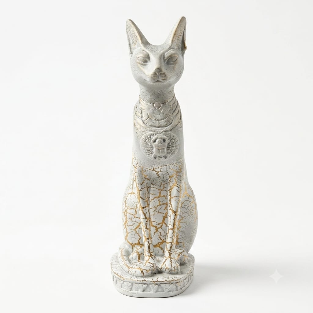 Crackled White and Gold Finish Bastet Cat Figurine