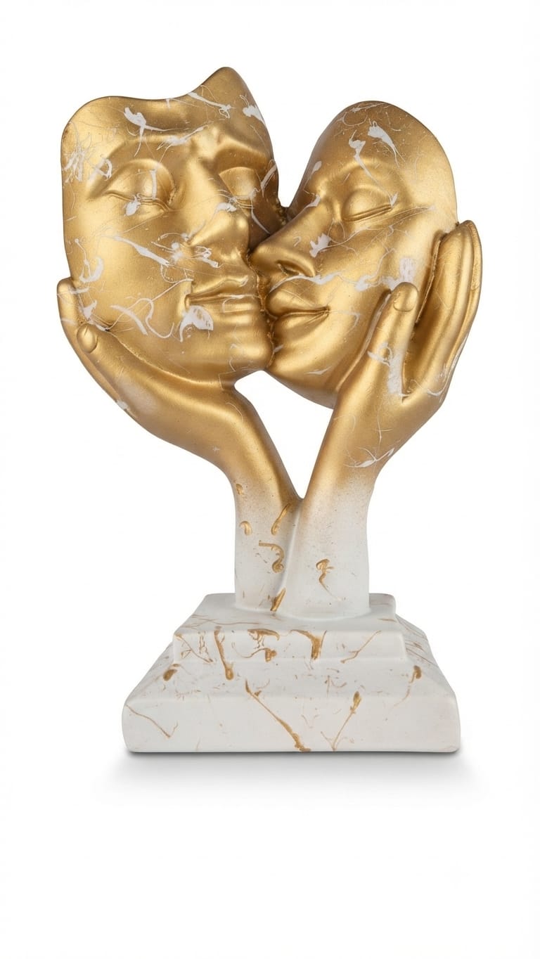 Two golden intertwined faces sculpture depicting two abstract faces kissed and cradled by hands on a white-and-gold marbled base