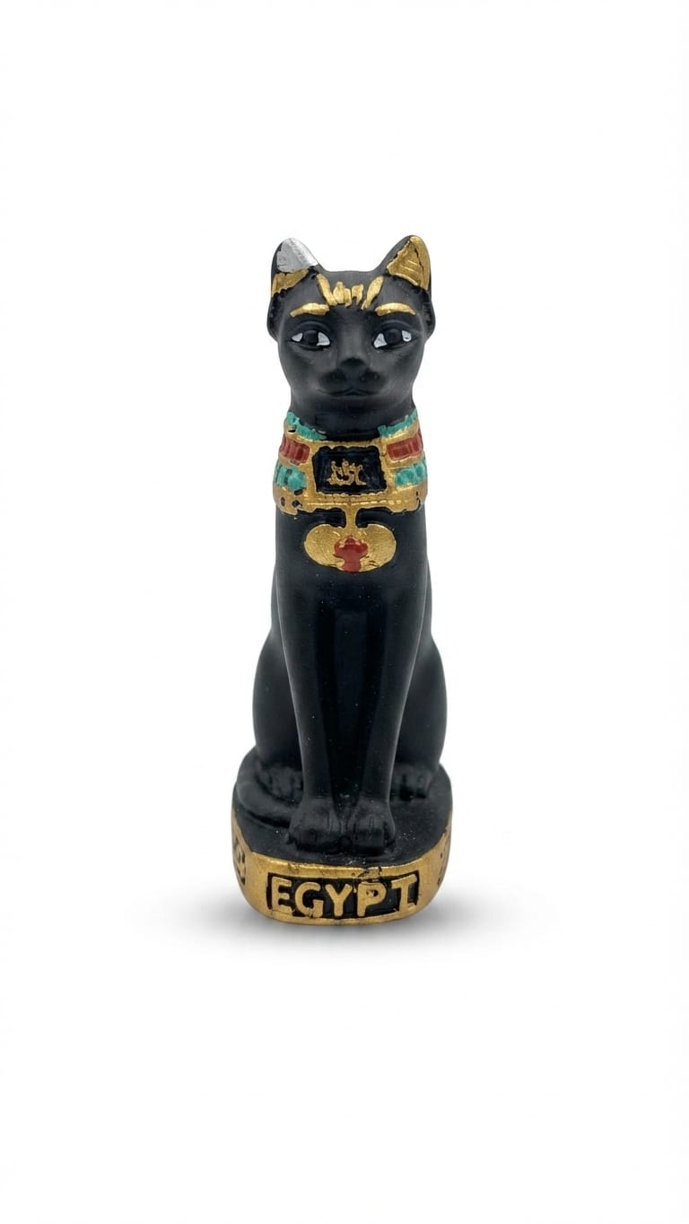 Small black and gold Bastet cat goddess figurine with a colorful collar and an "EGYPT" inscribed base