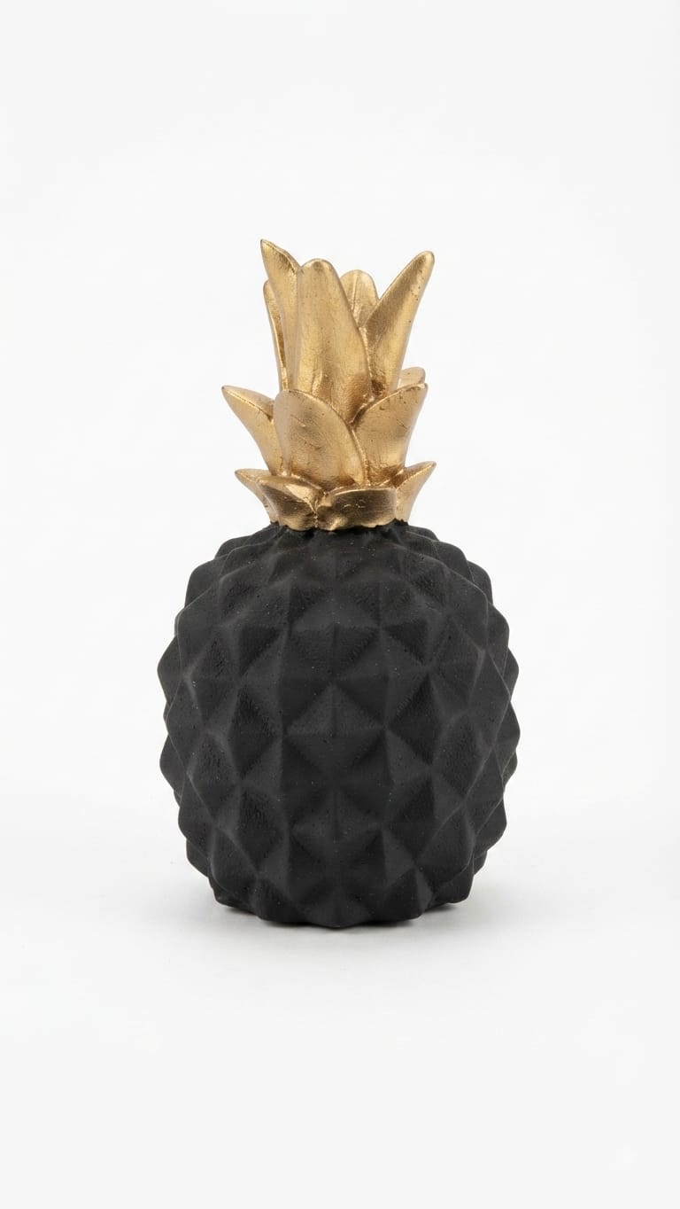 Matte black pineapple figurine with a textured geometric pattern and a contrasting metallic gold top