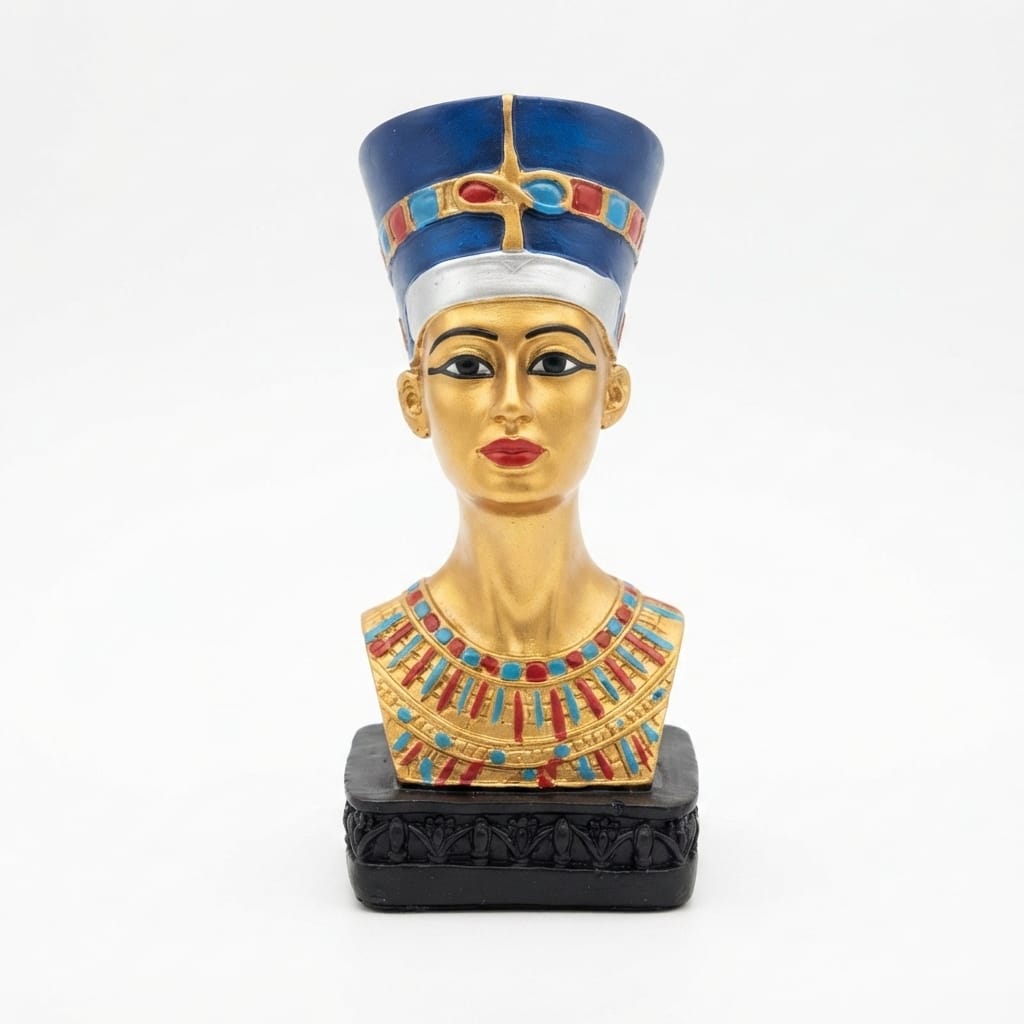 Queen Nefertiti golden bust figurine wearing a tall blue crown adorned with a golden headband, colorful collar, and a decorative black base