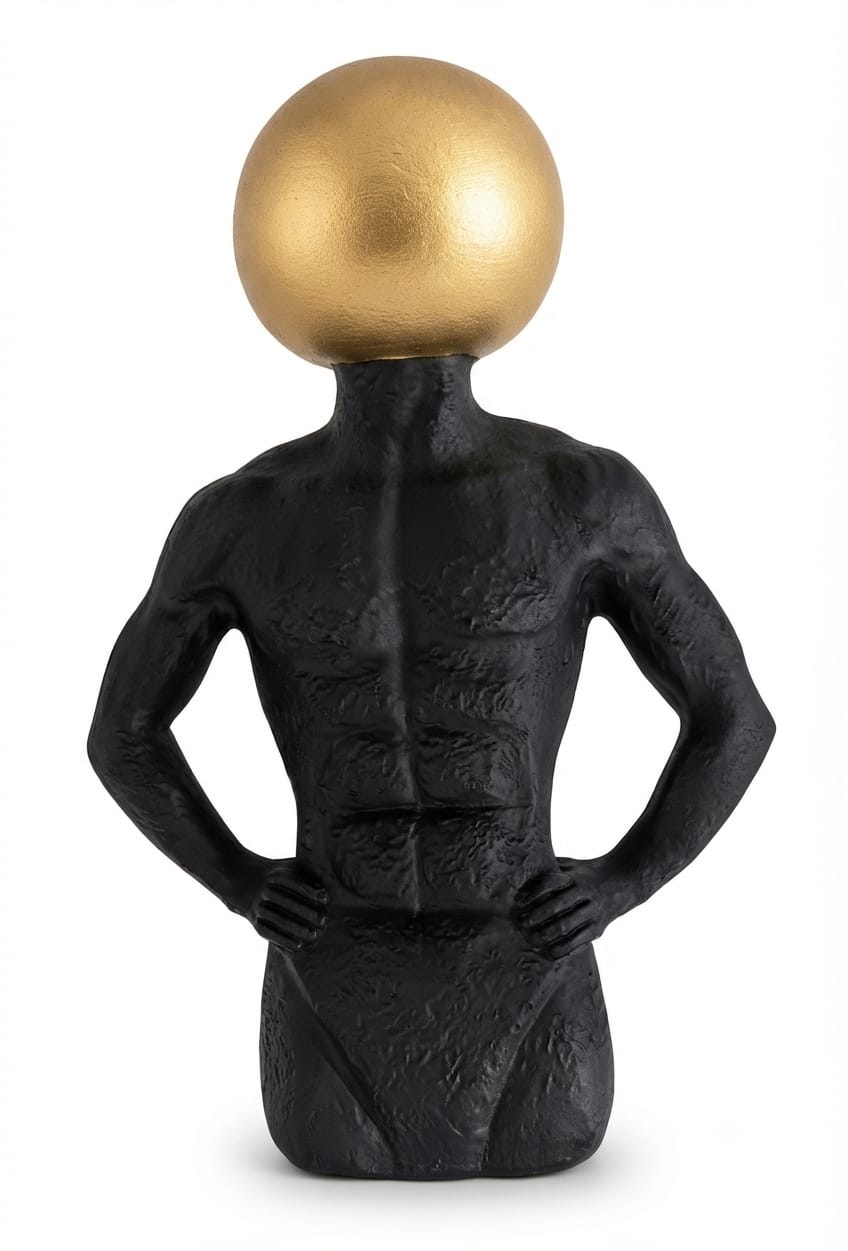 Textured black male torso figurine featuring a smooth, polished spherical gold head