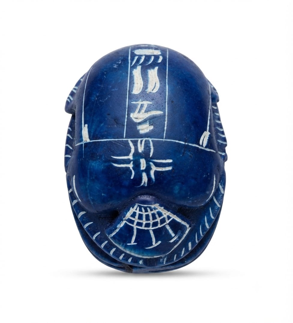 Dark Blue Scarab Beetle Figurine with White Hieroglyphic Inscriptions