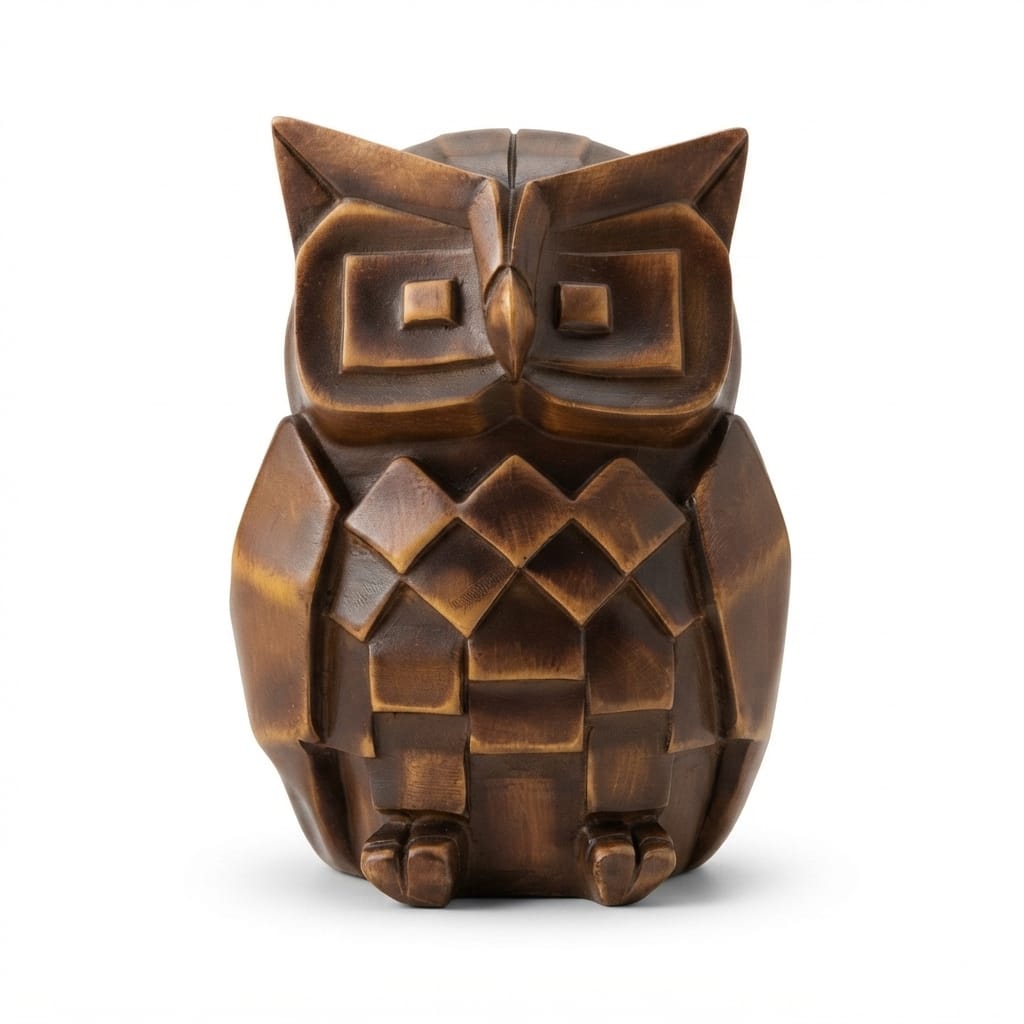 Geometric Faceted Brown Wood-Tone Owl Figurine