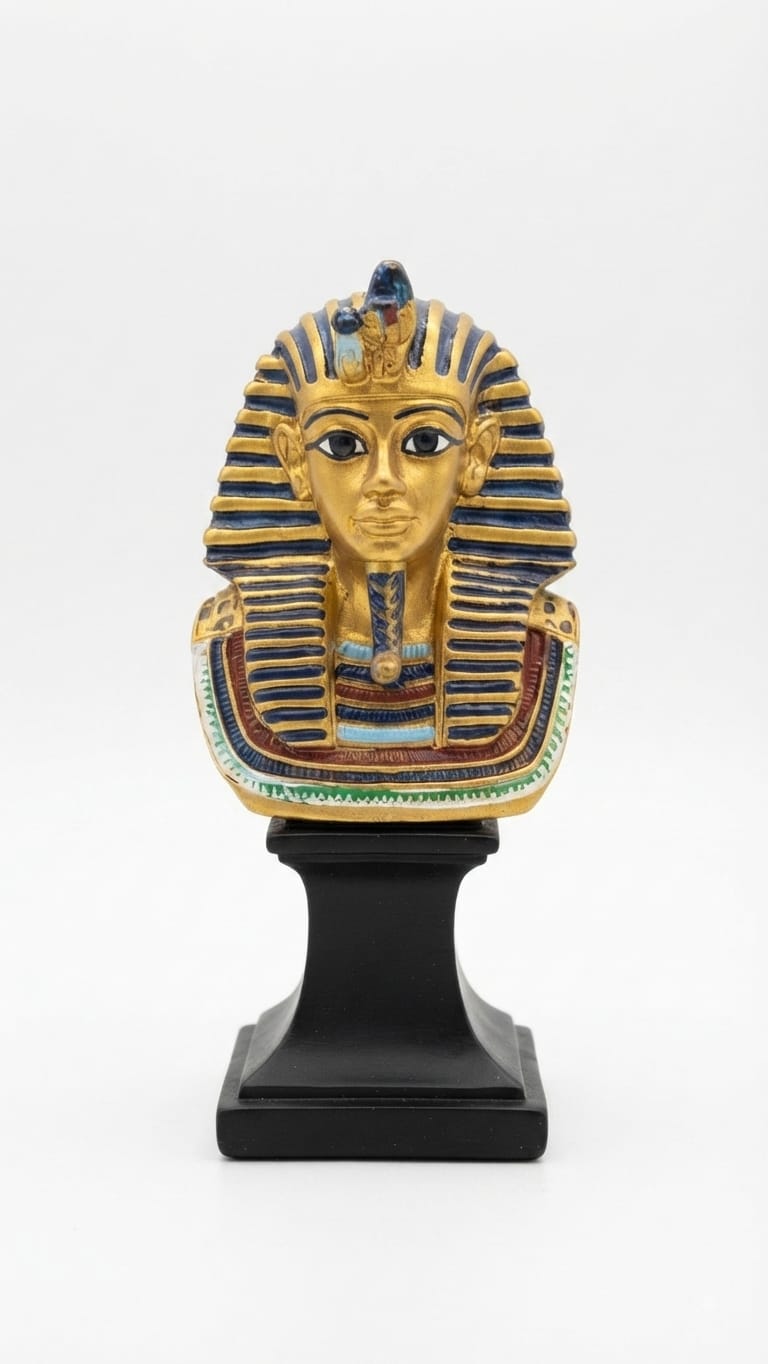 King Tutankhamun golden bust figurine featuring a blue and gold striped nemes headdress, beaded collar, and a mounted black pedestal