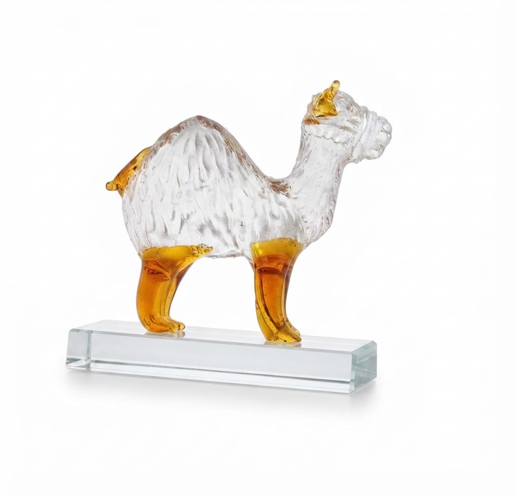 Clear and Amber Glass Camel Figurine on a Glass Base