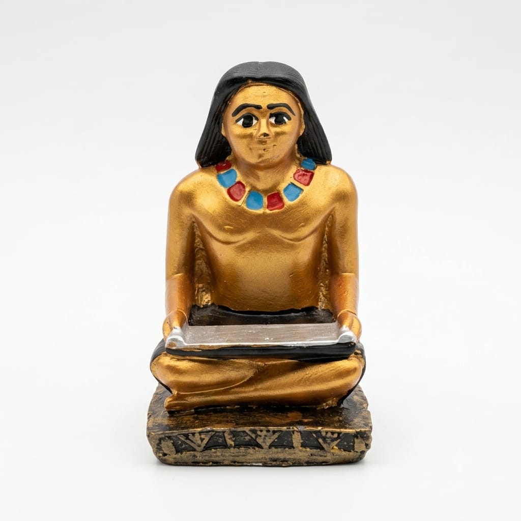 Gold and Black Ancient Egyptian Scribe Figurine with Scroll