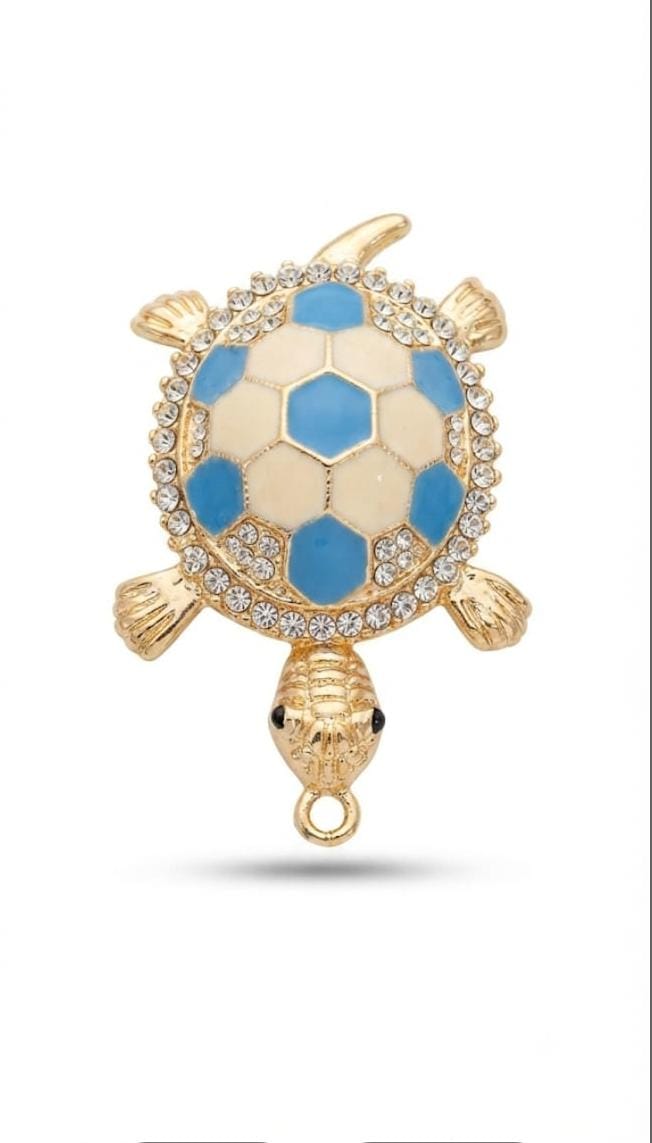 Gold-Tone Turtle Figurine with Blue and White Enamel Shell and Rhinestones