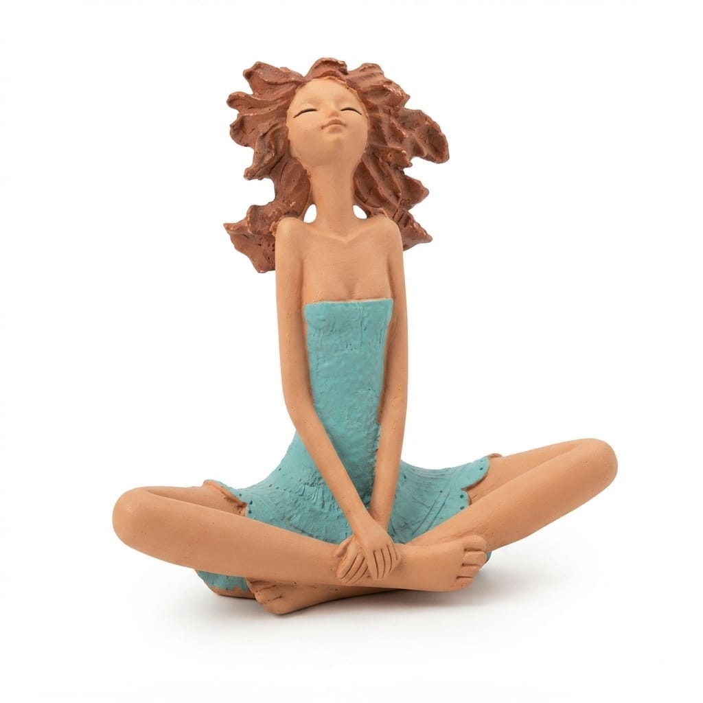 Terracotta-style meditating female figurine with flowing brown hair and wearing a turquoise-blue dress while seated cross-legged