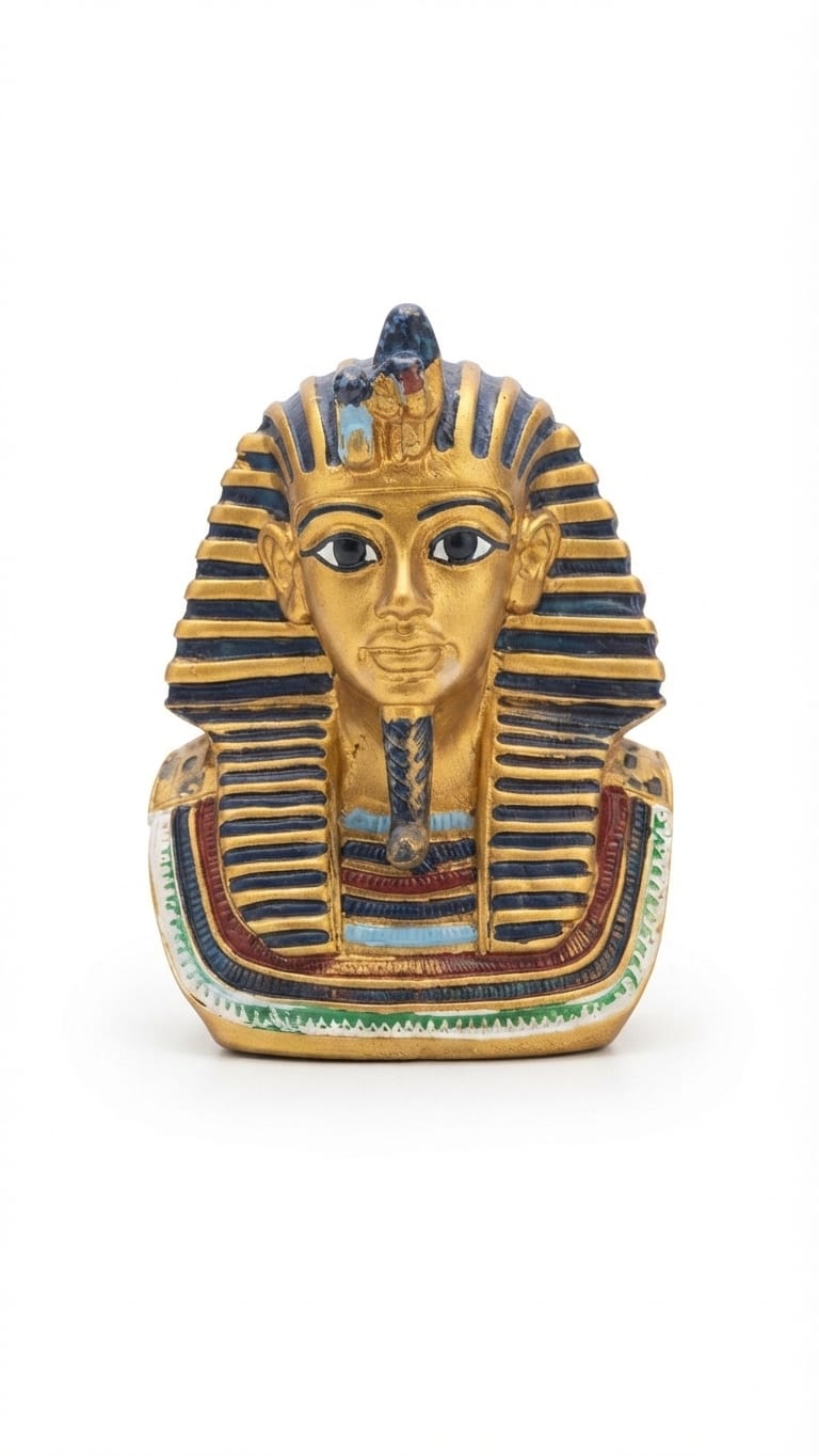 Gold and blue ancient Egyptian King Tutankhamun bust figurine with a detailed striped headdress and beaded collar