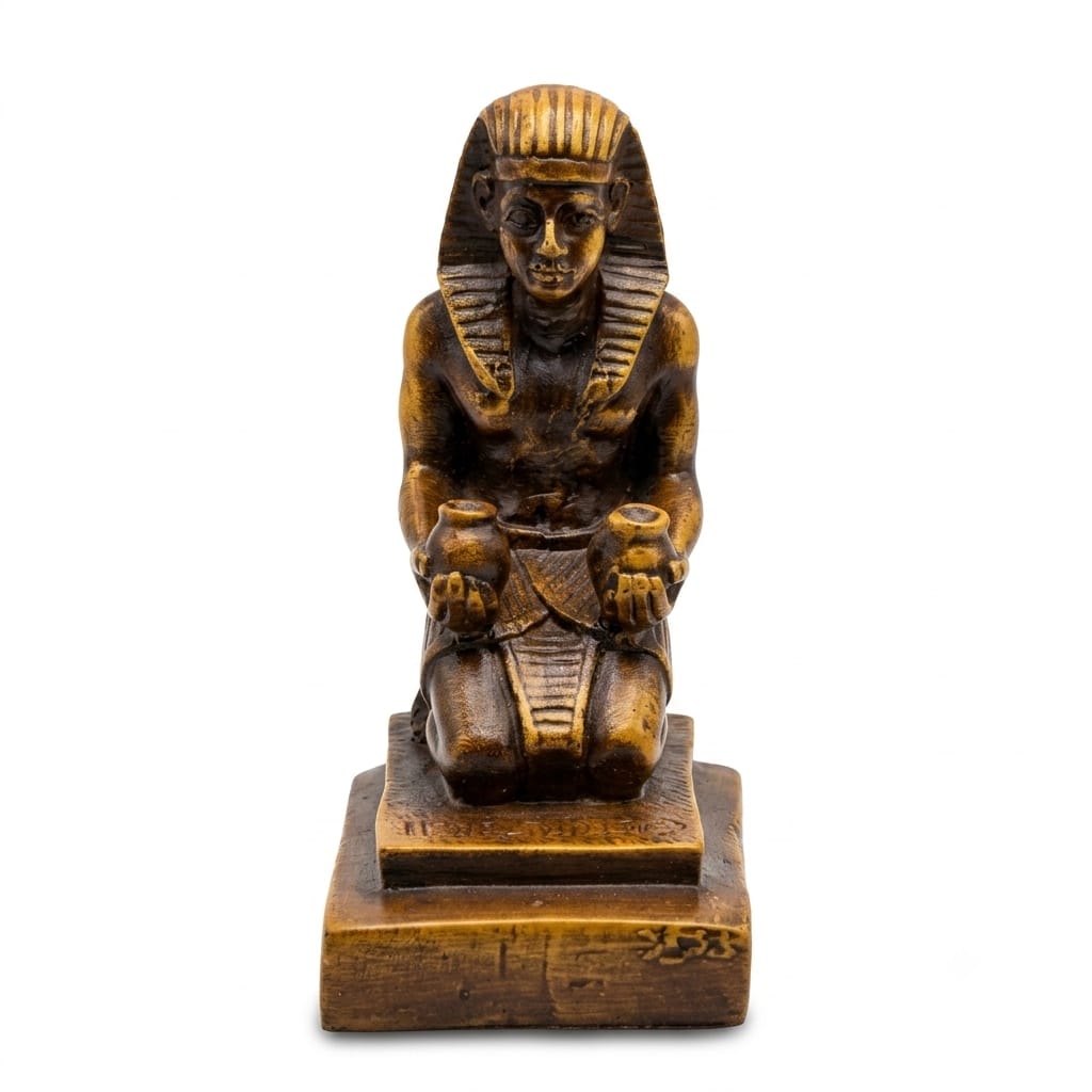Antique Gold Finish Kneeling Pharaoh Offering Vessels Figurine
