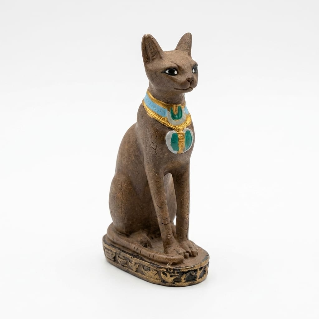 Antique Stone Finish Bastet Cat Figurine with Green Accents