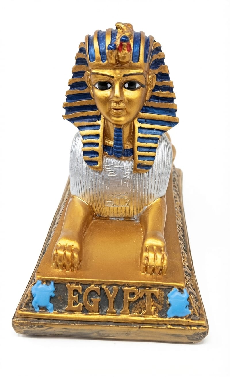 Sphinx figurine with the head of King Tutankhamun and a base featuring the word "EGYPT"