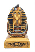 Gold bust of King Tutankhamun on an ornate base decorated with pharaonic wings