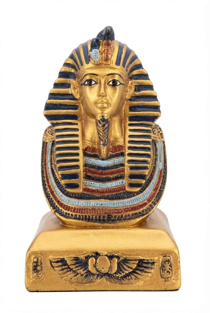 Gold bust of King Tutankhamun on an ornate base decorated with pharaonic wings