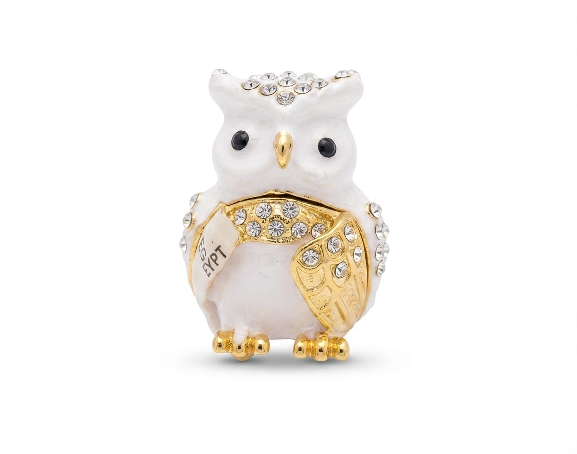 White and Gold Enamel Owl Figurine Trinket Box with Rhinestones and "EGYPT" Banner