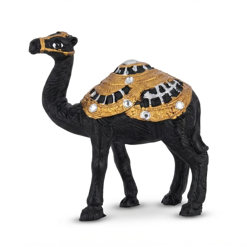 Black Camel Figurine with Gold and Silver Accents