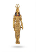 All-gold ancient Egyptian Queen Isis figurine wearing a cow-horn headdress with a sun orb