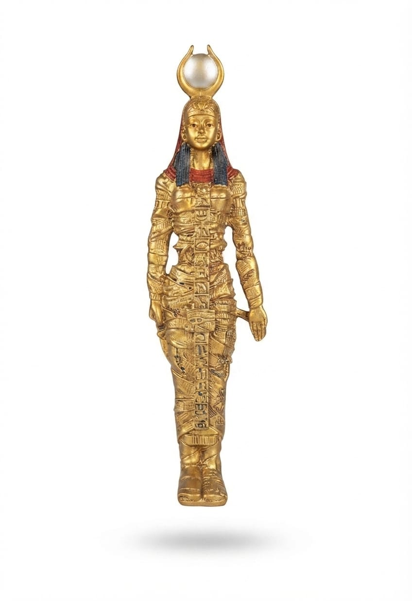 All-gold ancient Egyptian Queen Isis figurine wearing a cow-horn headdress with a sun orb