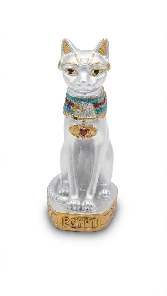 Silver-finish ancient Egyptian Bastet cat figurine wearing a colorful jeweled collar and a golden base inscribed with "EGYPT"