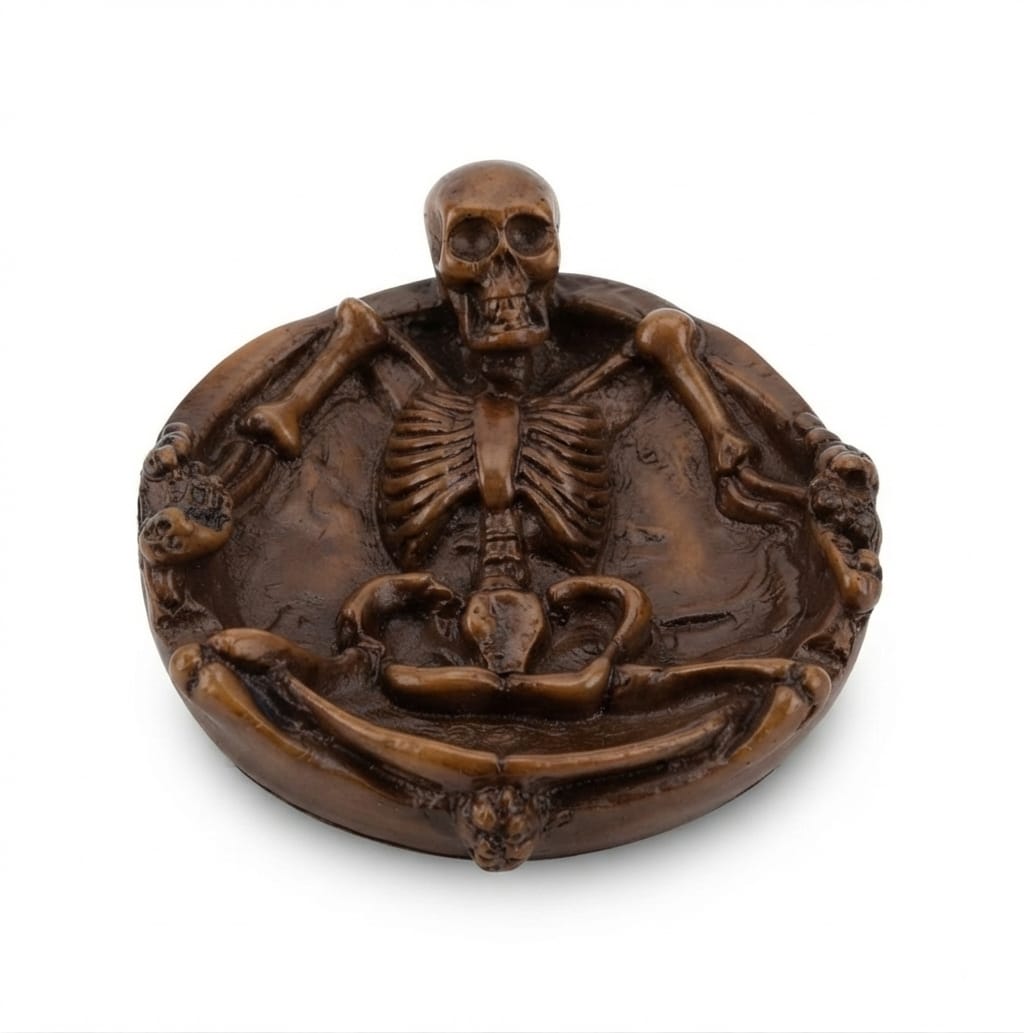 Wood-finish round dish/ashtray featuring a prominent skeletal figure