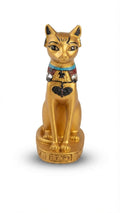 Gold-finish Bastet cat goddess figurine with a decorated collar and an inscribed base