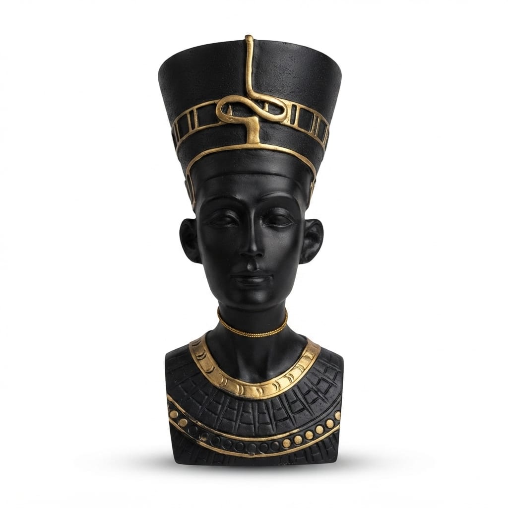 Matte black and gold Queen Nefertiti bust figurine with a detailed collar necklace