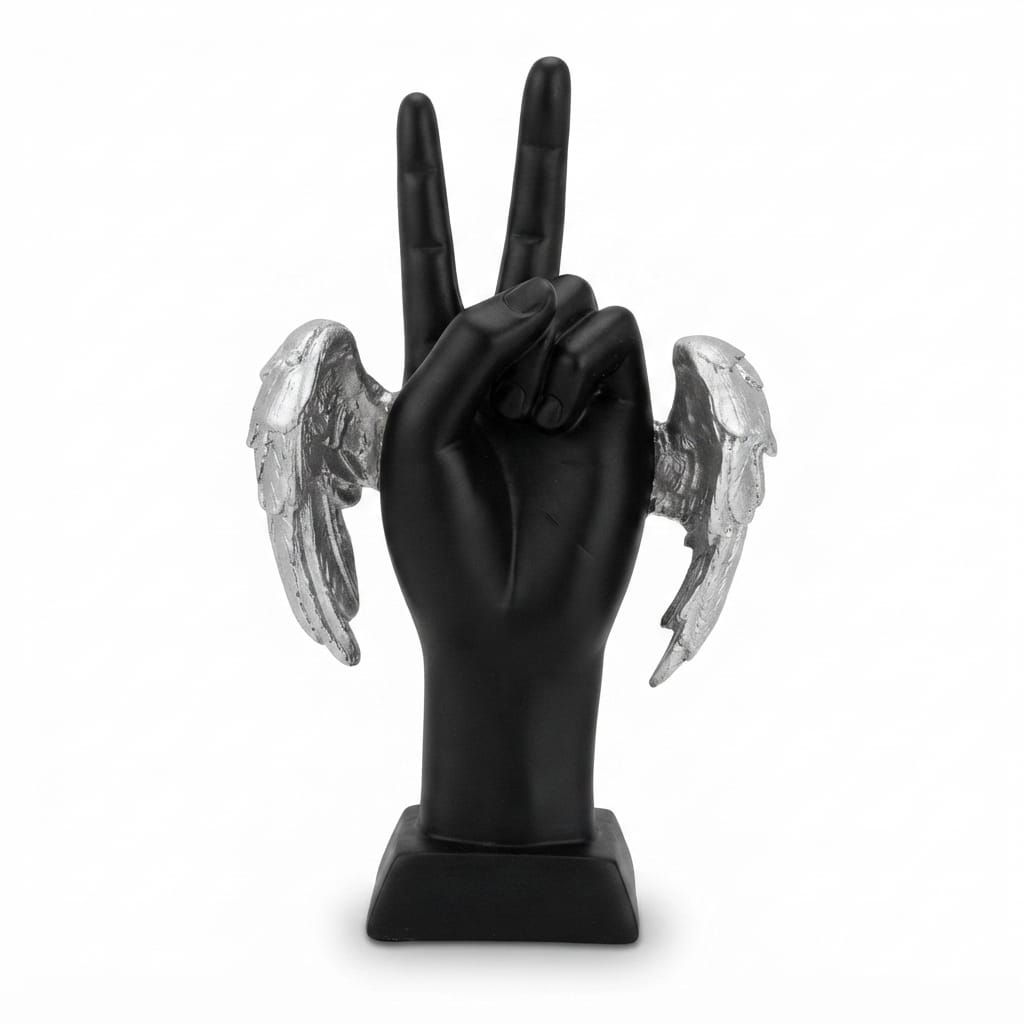 Black hand sculpture making a peace sign accented with textured silver angel wings on both sides