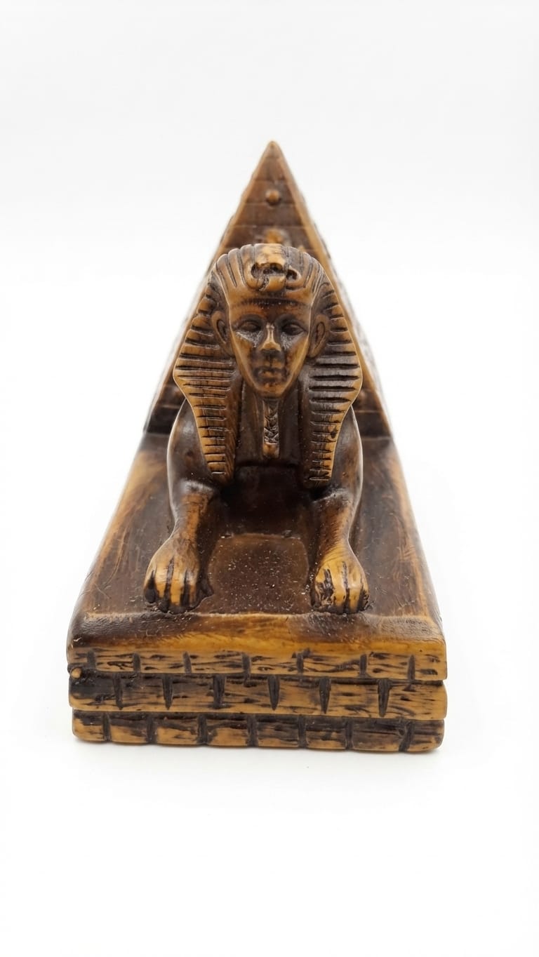 Pyramid figurine featuring a Sphinx statue in an antique wood-tone finish