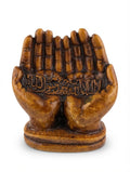 Brown Wood-Tone Cupped Hands Figurine with Arabic Calligraphy Inscription