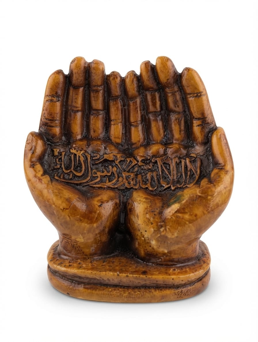 Brown Wood-Tone Cupped Hands Figurine with Arabic Calligraphy Inscription